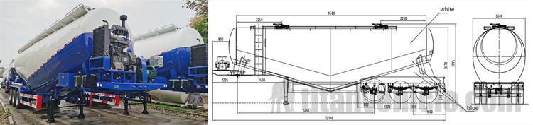 Drawing of 55CBM 3 Axle Cement Bulk Tanker Trailer